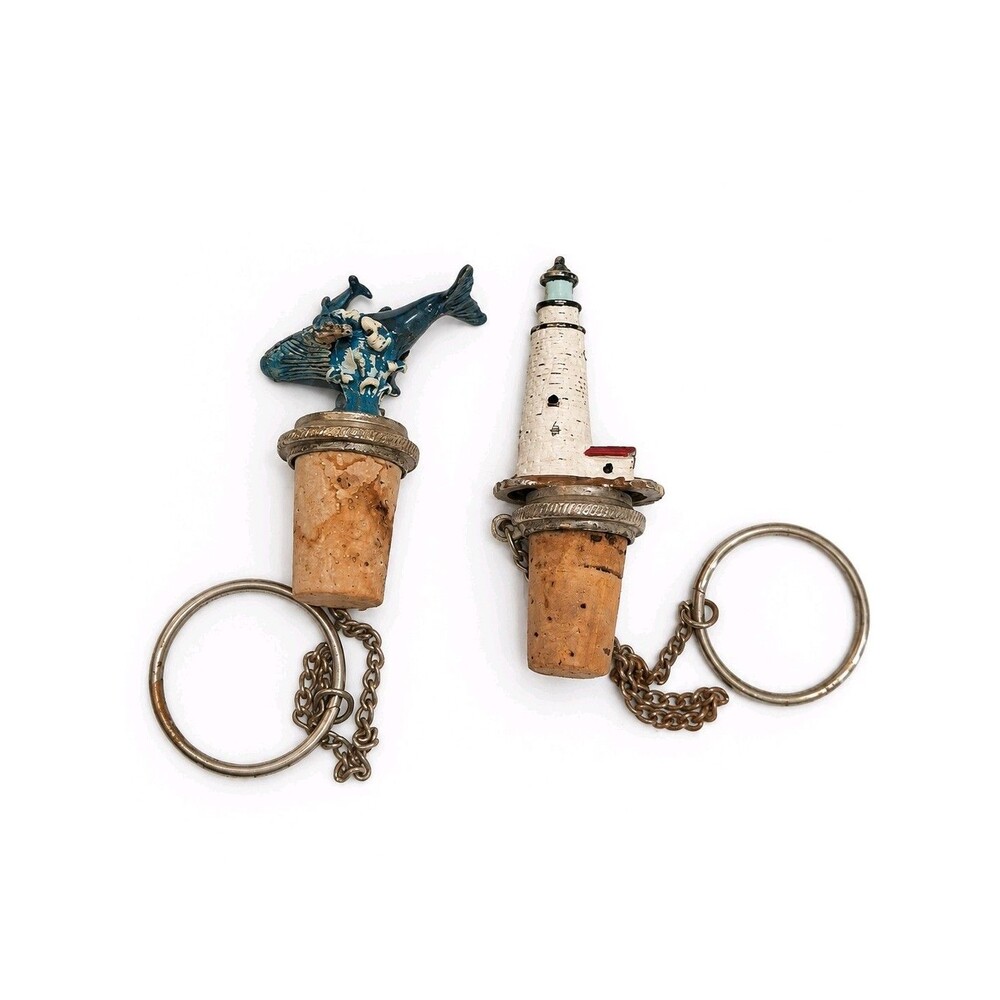 Lighthouse & Whale Cork Bottle Stoppers Set of 2 Nautical With Chains & Rings